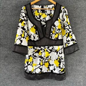 LANE BRYANT Womens Floral Top Size 18/20 Yellow Contrast Trim 3/4 Sleeve Office